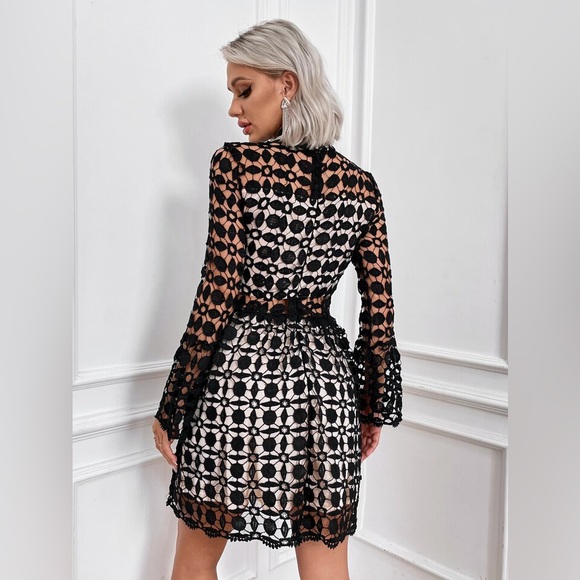 Eilly Bazar Black Mesh Insert Mock Neck Flounce Sleeve Lace Dress Size Small - Picture 2 of 9